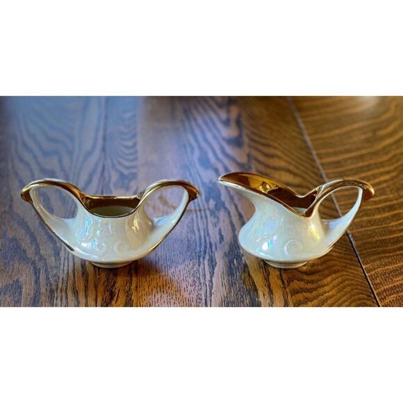 Creamer & Sugar Bowl by Pearl China Company Iridescent 22K Gold Trim Circa 1960 - Picture 2 of 9